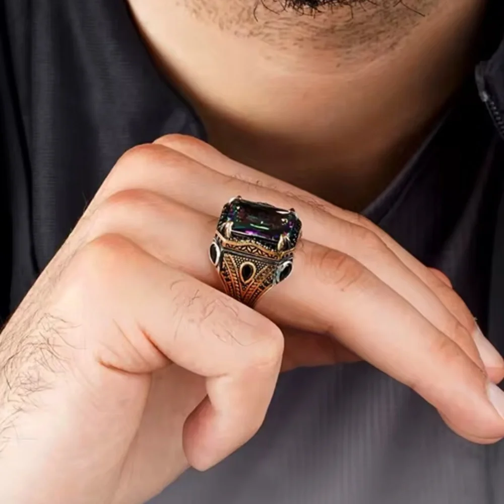 New! Men vintage signet Multicolor Gemstone Statement Ring